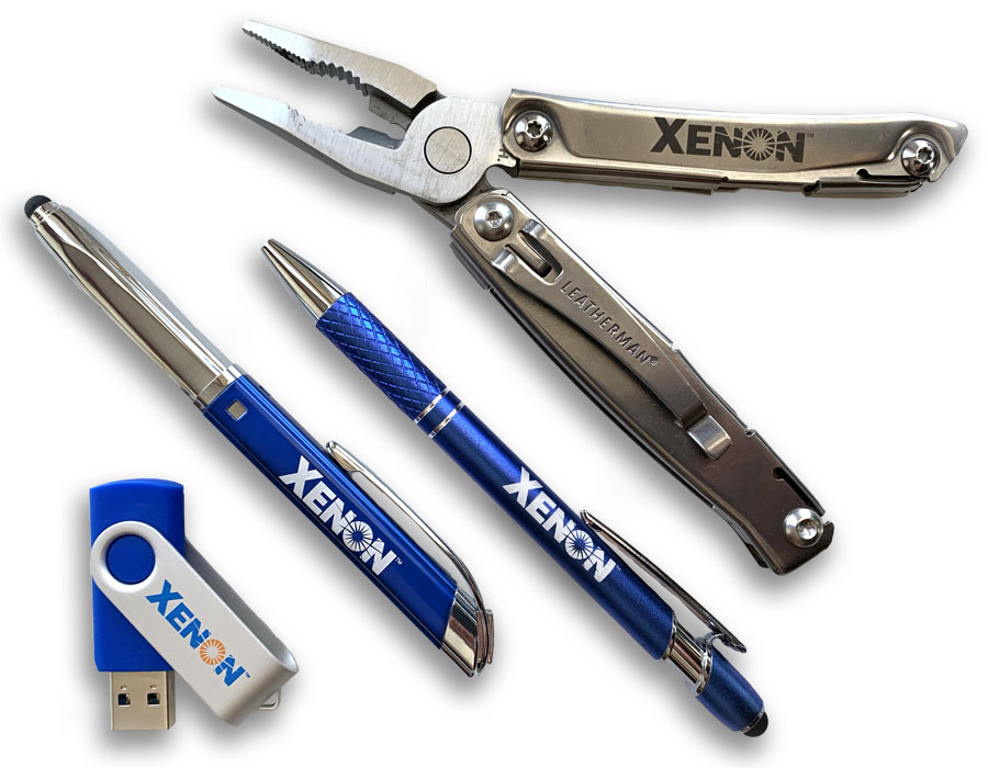 Branded promotional merchandise like mugs, pens and electronics